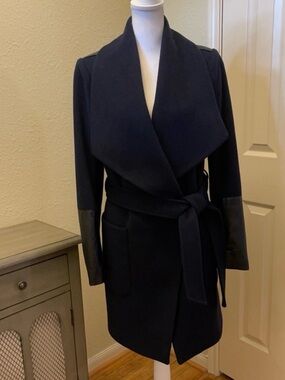 BCBGeneration Women’s Navy Wool Blend Black Faux Leather Trim Belt Wrap Coat S
